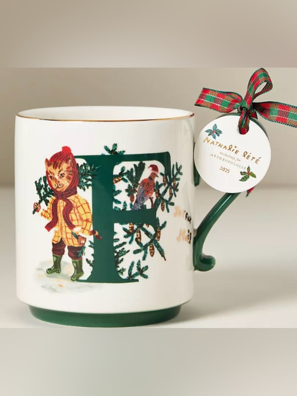 Anthropologie Nathalie Lete Stoneware Cat Holiday Monogram F Mug